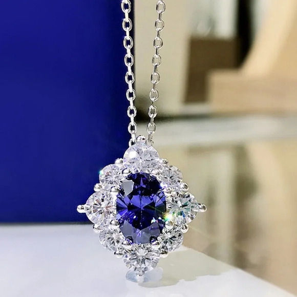 🎁 Shinny Blue Stone Jewelry Sliver Coating CZ Necklace for Women, HA4553 - Picture 1 of 6